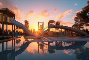 Children's recreation park with beautiful sunrise in the morning. generative ai photo