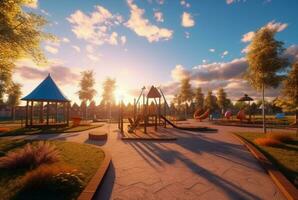 Children's recreation park with beautiful sunrise in the morning. generative ai photo