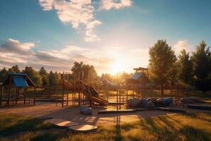 Children's recreation park with beautiful sunrise in the morning. generative ai photo