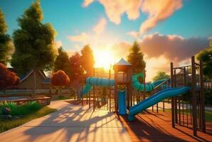 Children's recreation park with beautiful sunrise in the morning. generative ai photo