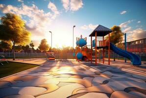 Children's recreation park with beautiful sunrise in the morning. generative ai photo