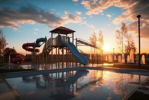 Children's recreation park with beautiful sunrise in the morning. generative ai photo