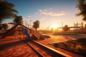 Children's recreation park with beautiful sunrise in the morning. generative ai photo