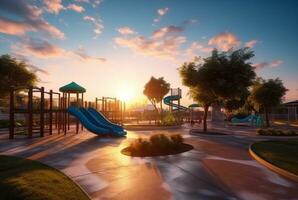 Children's recreation park with beautiful sunrise in the morning. generative ai photo