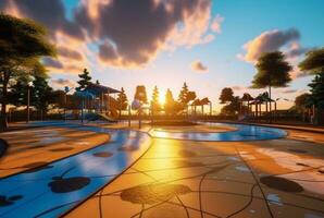 Children's recreation park with beautiful sunrise in the morning. generative ai photo