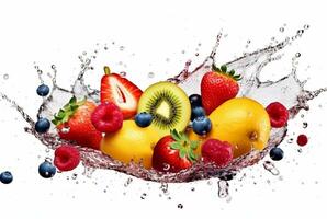 assorted fresh fruits with water splashes isolated on white background. generative ai photo