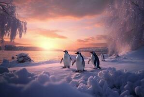 penguins playing in the snow with the beauty of the sunset. generative ai photo