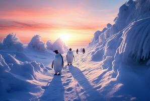 penguins playing in the snow with the beauty of the sunset. generative ai photo