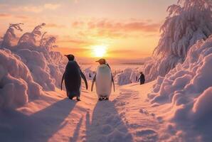 penguins playing in the snow with the beauty of the sunset. generative ai photo