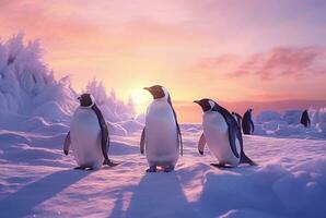 penguins playing in the snow with the beauty of the sunset. generative ai photo