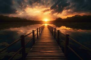 wooden bridge over the lake with beautiful sunset. generative ai photo