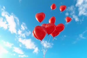 rojo amor globos en el aire en contra un azul cielo. generativo ai foto