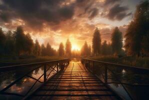 wooden bridge over the lake with beautiful sunset. generative ai photo