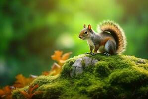 Squirrel on green mossy rock with blurred background. generative ai photo