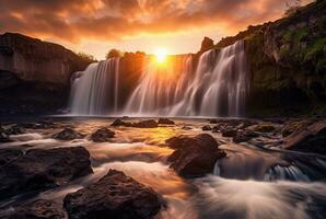 The beauty of the waterfall with the sunrise in the morning, long exposure. generative ai photo