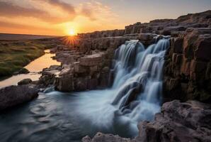 The beauty of the waterfall with the sunrise in the morning, long exposure. generative ai photo