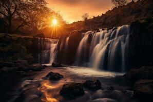 The beauty of the waterfall with the sunrise in the morning, long exposure. generative ai photo