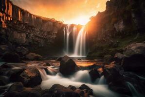 The beauty of the waterfall with the sunrise in the morning, long exposure. generative ai photo