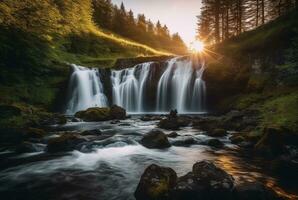 The beauty of the waterfall with the sunrise in the morning, long exposure. generative ai photo