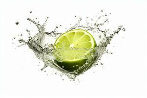 Lime with water splash isolated on white background. generative ai photo