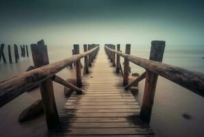 de madera puente con el belleza de el playa, largo exposición. generativo ai foto