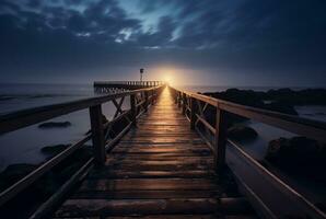 Wooden bridge with the beauty of the beach, long exposure. generative ai photo