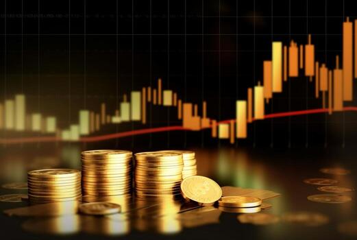 Stack of gold money coins with trading graph, financial investment concept can be used as background. generative ai photo