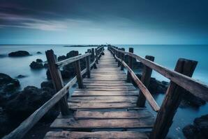 Wooden bridge with the beauty of the beach, long exposure. generative ai photo
