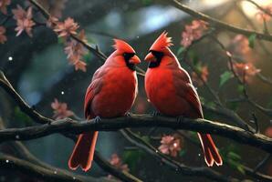 romántico acoplamiento de cardinas aves en un rama. generativo ai foto