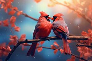 romantic coupling of cardinas birds on a branch. generative ai photo