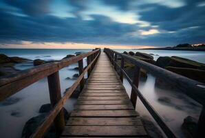 de madera puente con el belleza de el playa, largo exposición. generativo ai foto