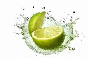 Lime with water splash isolated on white background. generative ai photo