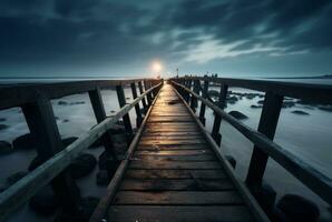 Wooden bridge with the beauty of the beach, long exposure. generative ai photo