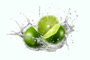 Lime with water splash isolated on white background. generative ai photo
