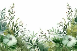 seamless watercolor floral border with green leaves on white background. generative ai photo