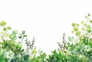 seamless watercolor floral border with green leaves on white background. generative ai photo