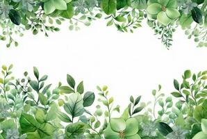 seamless watercolor floral border with green leaves on white background. generative ai photo