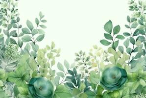 seamless watercolor floral border with green leaves on white background. generative ai photo
