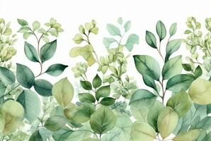 seamless watercolor floral border with green leaves on white background. generative ai photo