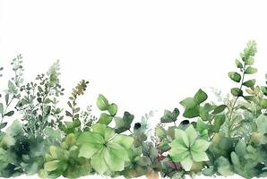 seamless watercolor floral border with green leaves on white background. generative ai photo