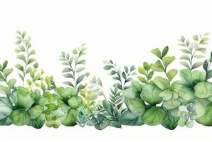 seamless watercolor floral border with green leaves on white background. generative ai photo