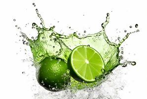 Lime with water splash isolated on white background. generative ai photo