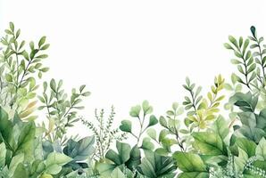 seamless watercolor floral border with green leaves on white background. generative ai photo