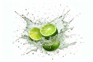 Lime with water splash isolated on white background. generative ai photo