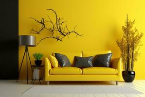 Living room with sofa and dry plants against bright yellow walls. generative ai photo