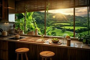 Luxurious kitchen with wood design and natural view. generative ai photo