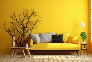 Living room with sofa and dry plants against bright yellow walls. generative ai photo