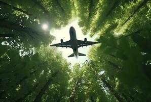 View of an airplane in the middle of a tree seen from below. generative ai photo