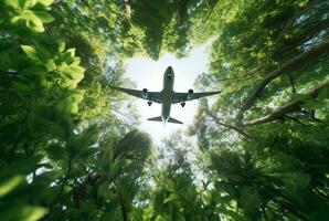 View of an airplane in the middle of a tree seen from below. generative ai photo