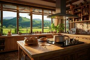 Luxurious kitchen with wood design and natural view. generative ai photo